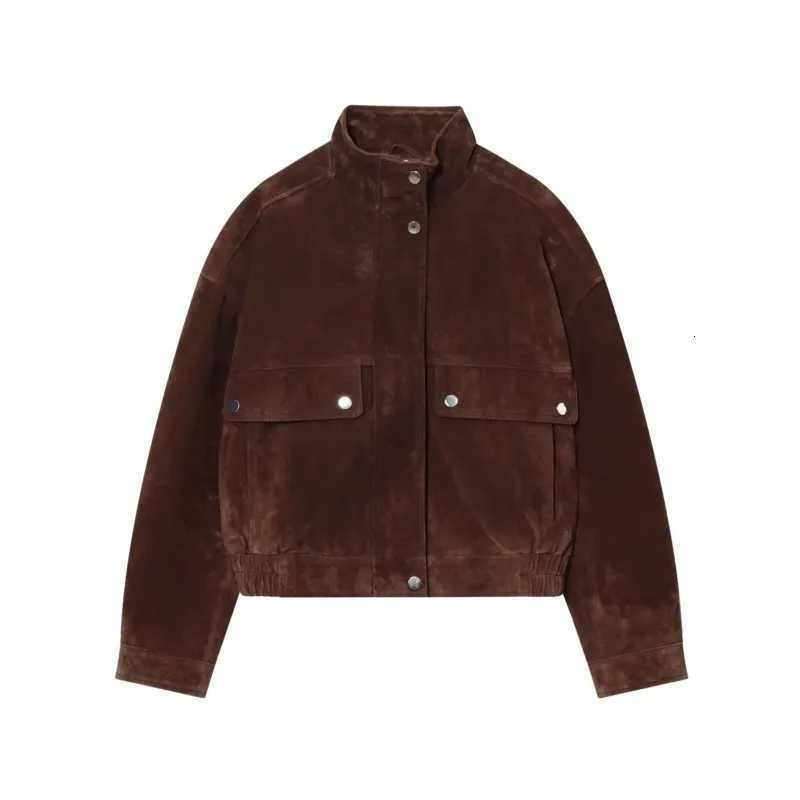 Women Suede Leather Jacket with Pockets Autumn Fashion High Collar Long Sleeve Button Jacket Lady Coats Causal Female Chic TopsT260328
