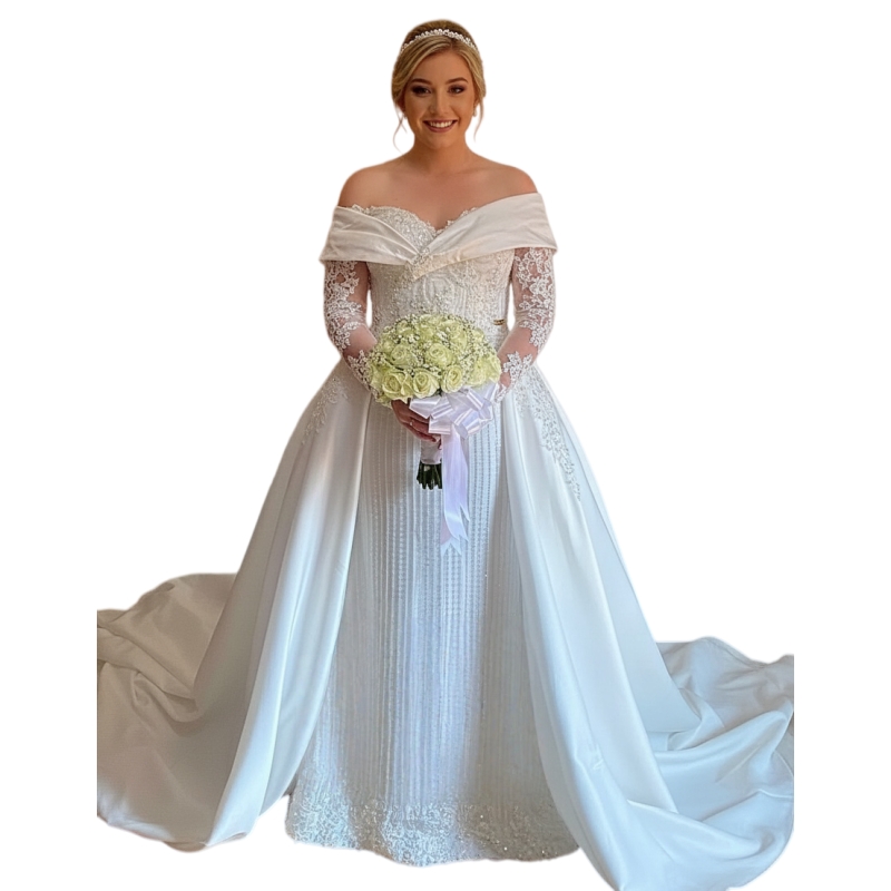 Classic White Sequin Lace Wedding Dresses With Detachable Train Long Sleeves Off-Shoulder Gorgeous Bridal Gowns Back Lace-up Plus Size Bride Dress Cus