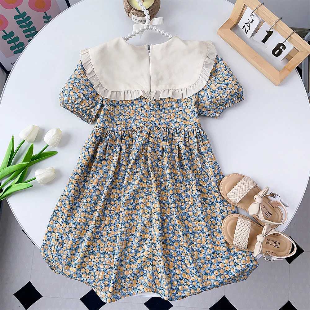Summer New Girls Bow Turn-down Collar Puff Sleeve Flower Print Dress 1 Pc 2-7 Years Kids Fashion Casual ClothesT260330