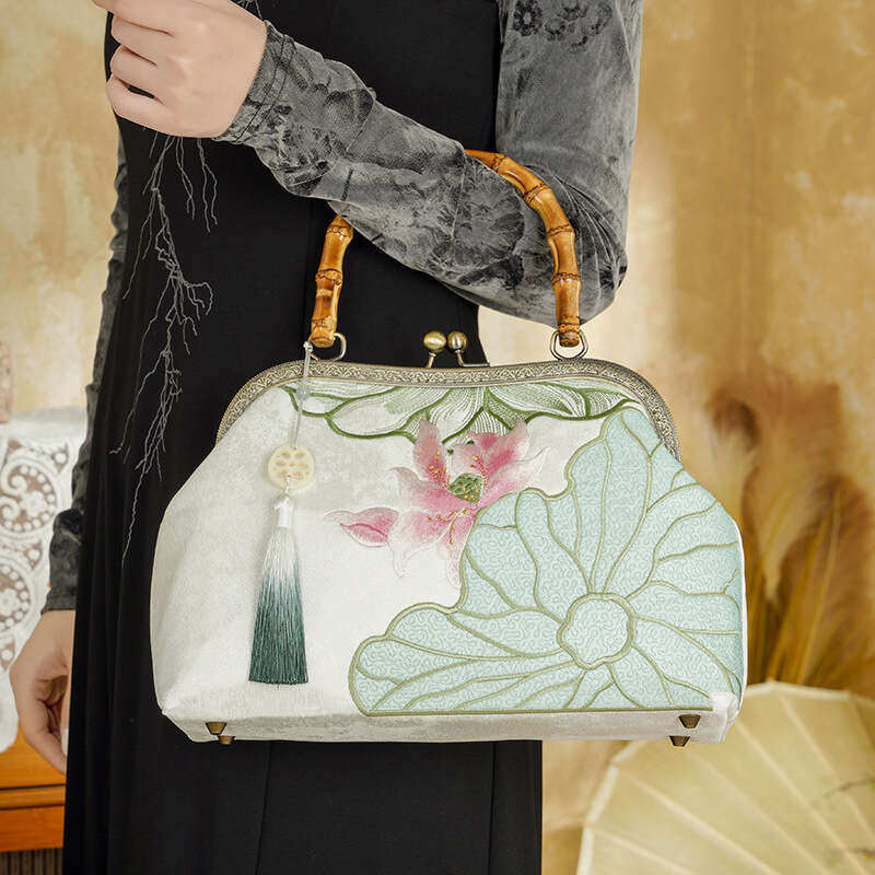 Pink Lotus Silver Leaf Heavy Embroidery Chinese Style Qipao Hanfu Handbag Bamboo Knot Tassel Handheld Bag Chinese Fashion Bag Tote