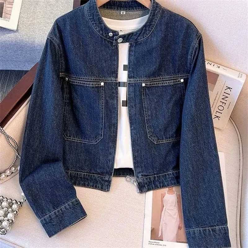 Round neck Denim Jacket For women Spring Autumn 2025 New Slim Short Cardigan Thin Jackets Female Motorcycle Zipper Outwear topT260328
