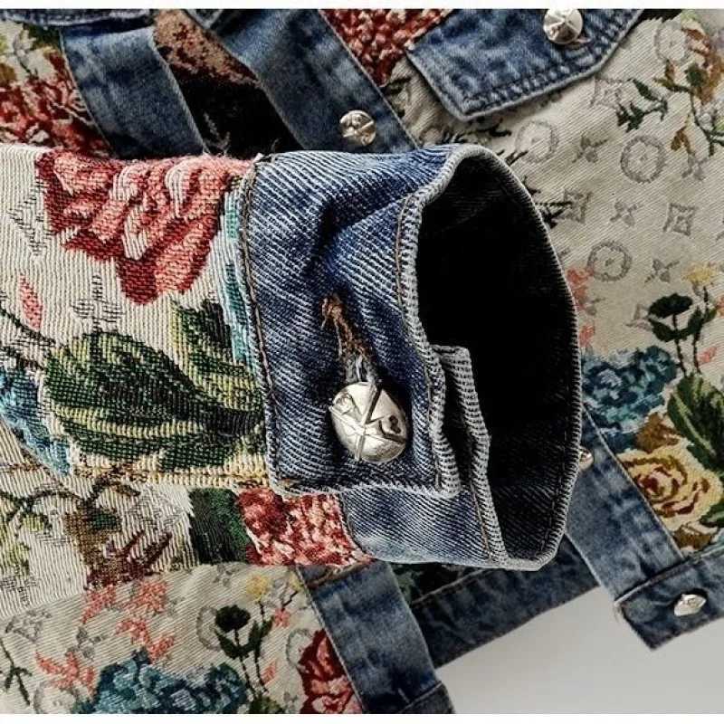 Chinese retro jacquard long-sleeved round neck denim jacket womens spring new fashion temperament short Joker little jacketT260328