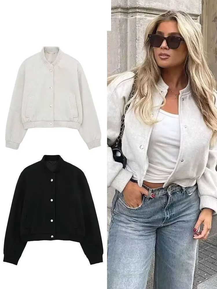 HH 2024 Female Street Fashion Solid Bomber Jacket Long Sleeves With Pockets Single Breasted Autumn Casual Coats Retro TopsT260328