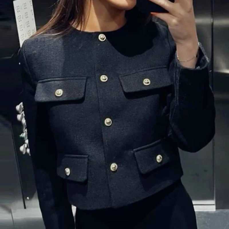 HXAO Tweed Bomber Jacket Womens Jackets Autumn 2025 Cropped Button Up Outerwears Elegant Fashion o-Neck Long Sleeve Top FemaleT260328