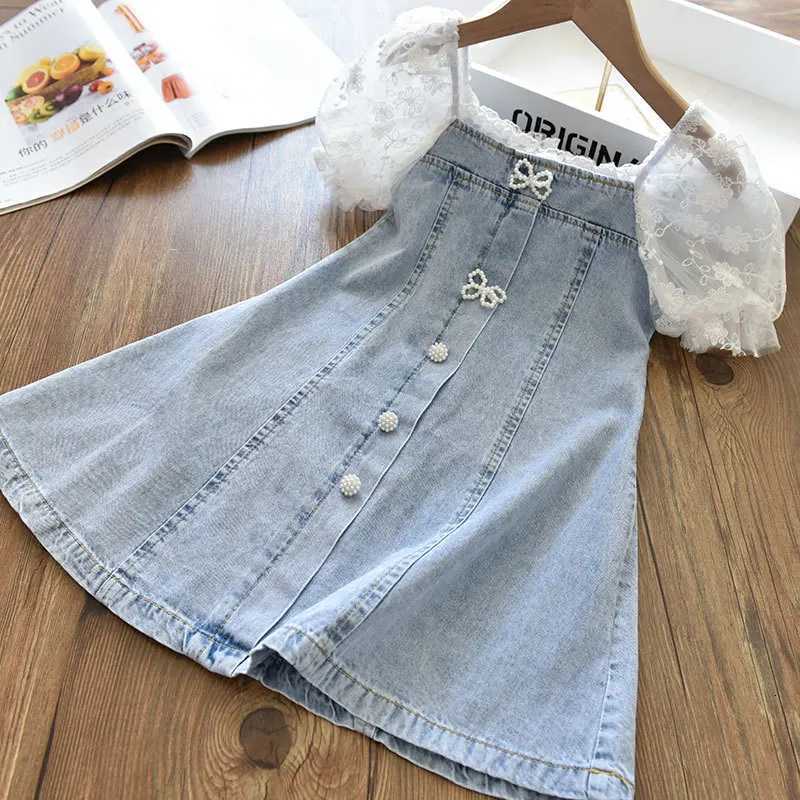2022 Summer Girls Temperament Dress New Pearl Seersucker Sleeves Stitching Soft Denim A-Line Dresses ChildrenS Fashion ClothingT260330