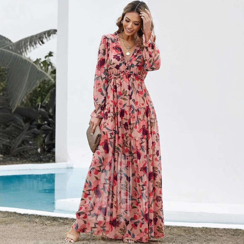 2026 New Cross-Border Long-Sleeve European and American Women's Fashion Printed Elegant Long Evening Dress