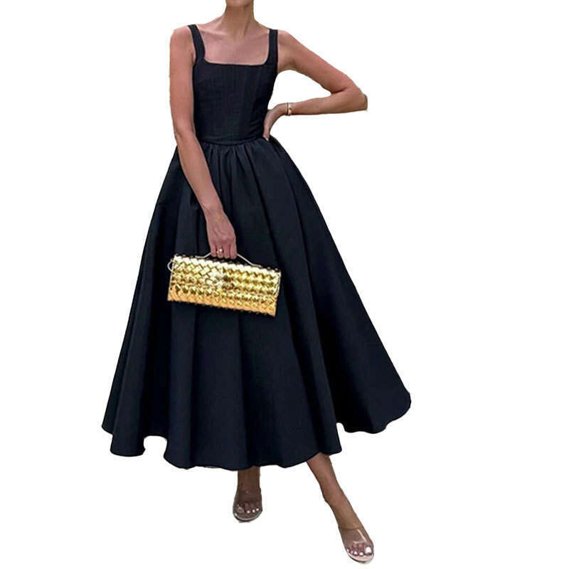 2026 Spring New Collection: Cross-Border European American Foreign Trade Women's Clothing - Elegant and Slim-Fit Square-Neck Patchwork A-Line Dre