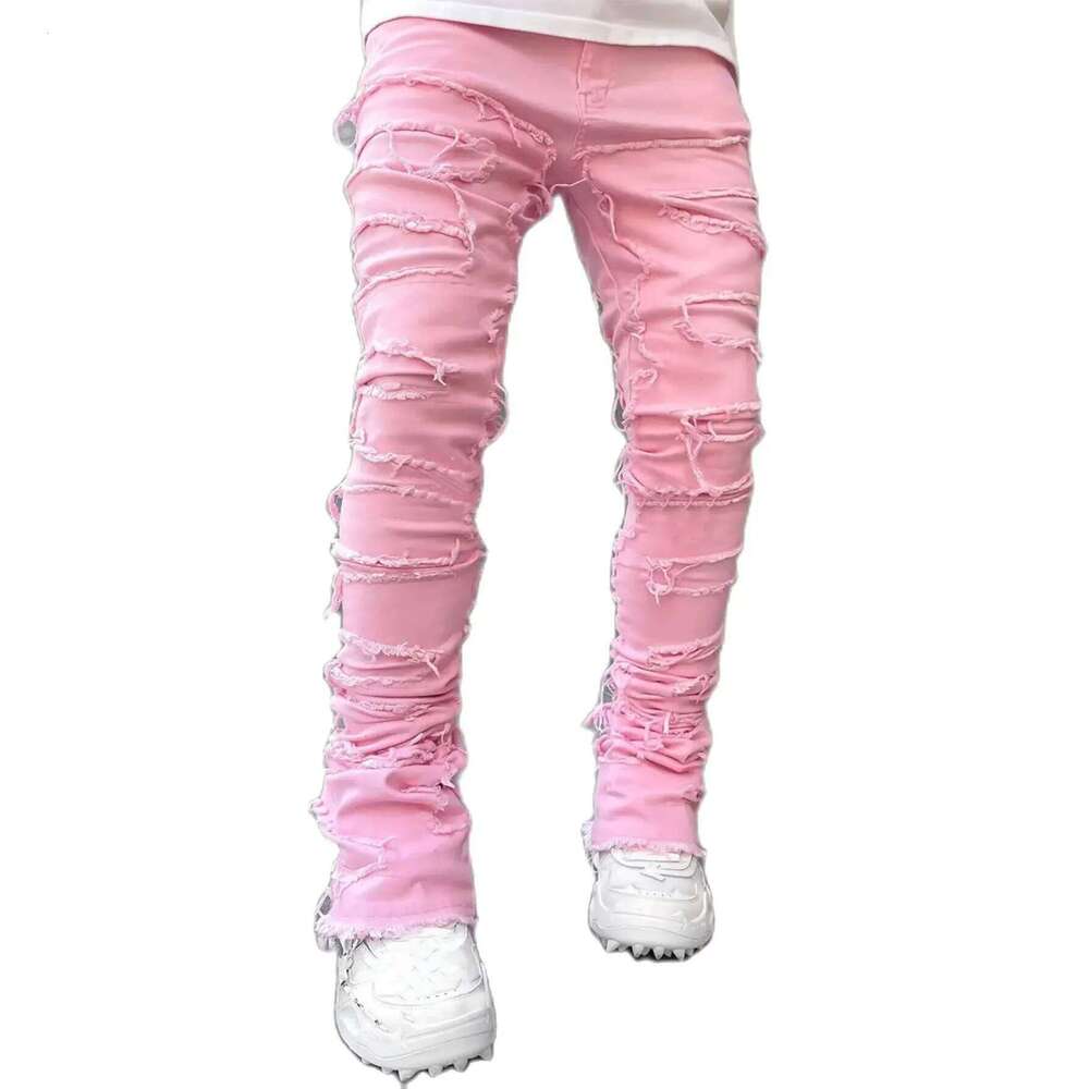 Men's Regular Stacked Jeans Ripped Slim Fit Patch Distressed Destroyed Straight Denim Pants Hip Hop Streetwear Trouser Cloth 26Y0330