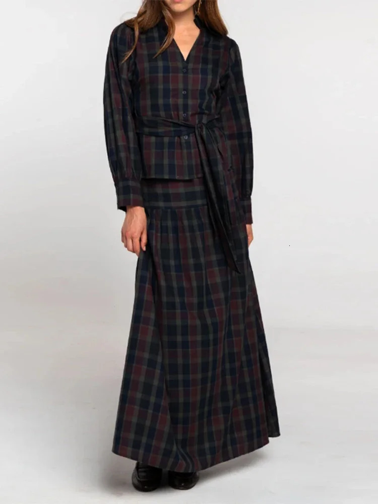 Women Casual Pleated Checkered Lace Up Suit Elegant Long Lantern Sleeves Slimfit Set Autumn Office Lady Commuteoutfits 260326