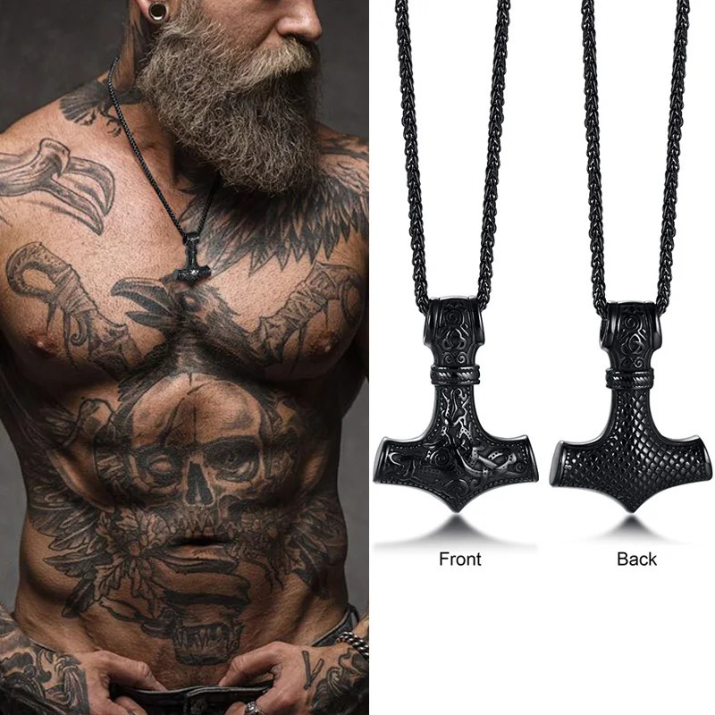 Mjolnir The Hammer of Thor Norse Pagan Symbol Pendant Necklace Stainless Steel Double Sided Dragon n Viking Jewelry 260327