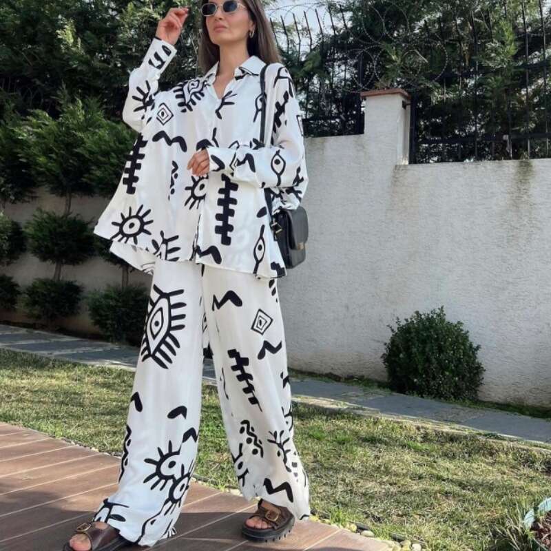 Women's Clothing 2025 New Fashion Printed Loose Top With Tie High-Waisted Wide-Leg Pants Two-Piece Set, Comfortable And Casual Asia Size