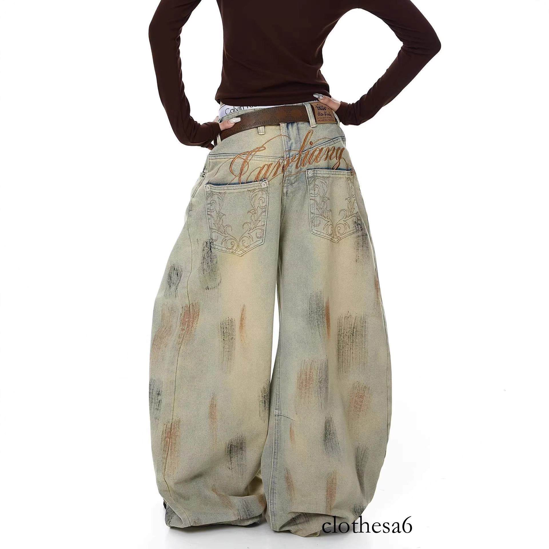 American-style spicy girl wasteland-style dirty-dyed jeans for women, summer design, loose fit, foreign trade cross-border jazz dance curved pants