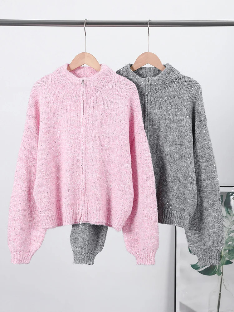Party Sequin Knit Double-zip Women Cardigan Elegant Lapel Long Sleeve Glitter Female Sweater 2026 Spring Autumn Lady Outwear 260327