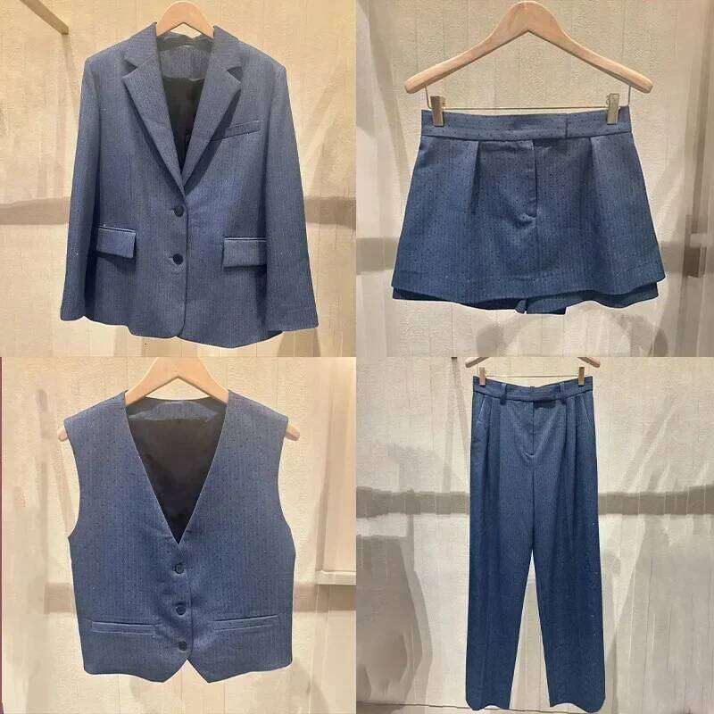 Diamond Embellished Women's Stripes Clothing Single-Breasted Blazer Coat Sleeveless Vest Outwear , Shorts Skirt Or Suit Pants Mdng260330