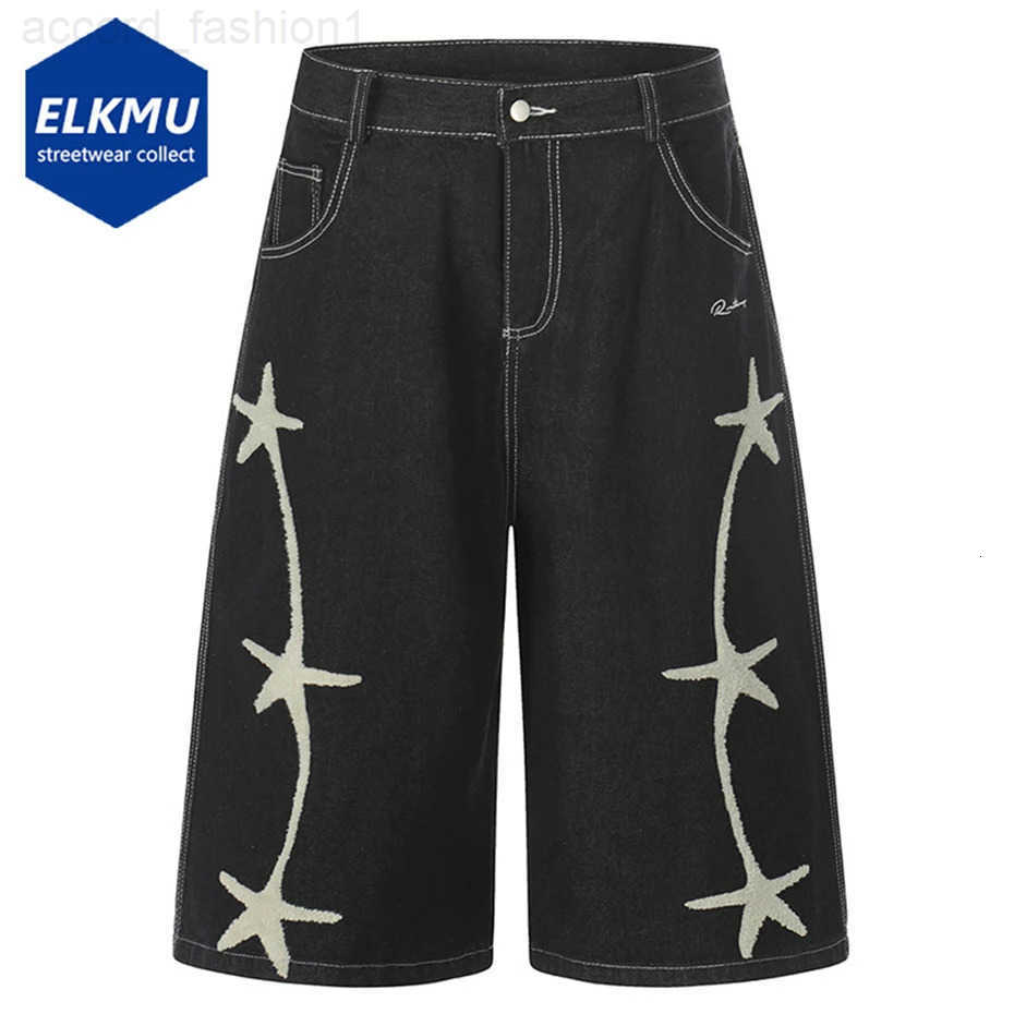 Star Embroidery Denim Shorts Mens Black Loose Wide Leg Jeans Shorts Streetwear Harajuku Hip Hop Shorts H260330