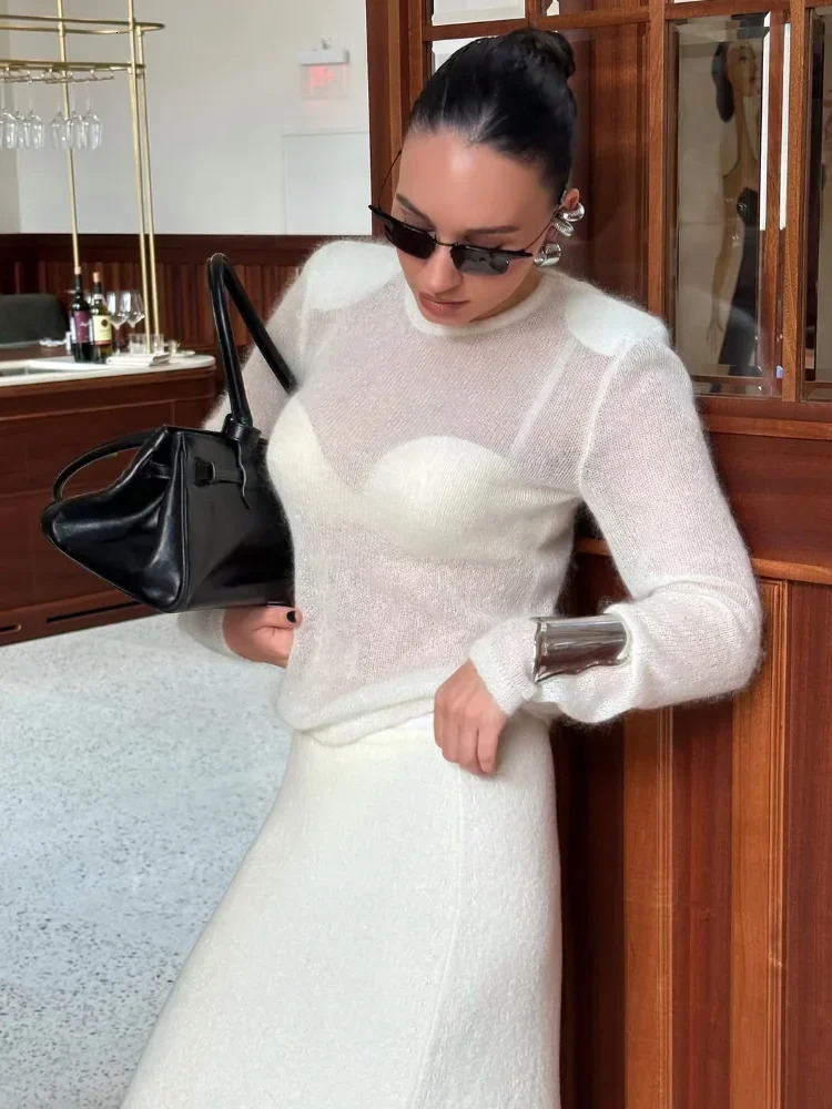 Women Solid See Through Knitted Pullover Sexy Round Neck Full Sleeve Slim Fit Thin Sweater Female High Street Knitwears 260325