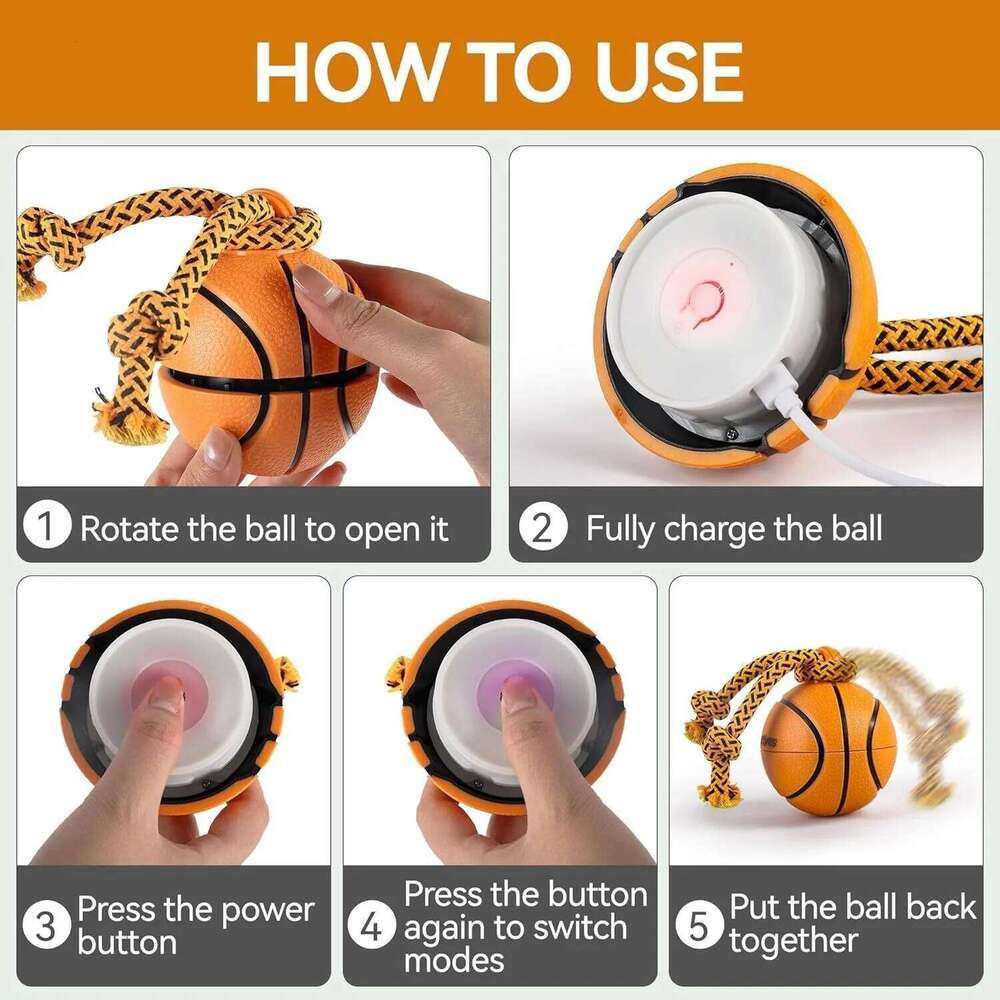 Interactive Smart Rolling Basketball Motion Activated Automatic Moving Squeaky Dog Toy Balls Puppy Chew Toys Knot Rope
