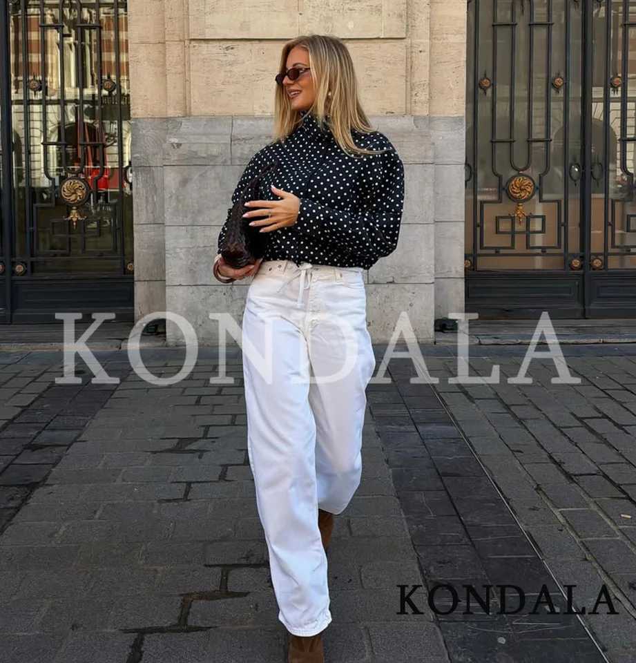 KONDALA Casual Polka Dot Jacket Womens Dark Navy Blue Stand Collar Jacket New 2026 Spring Summer Trendy High Street Lady JacketT260328