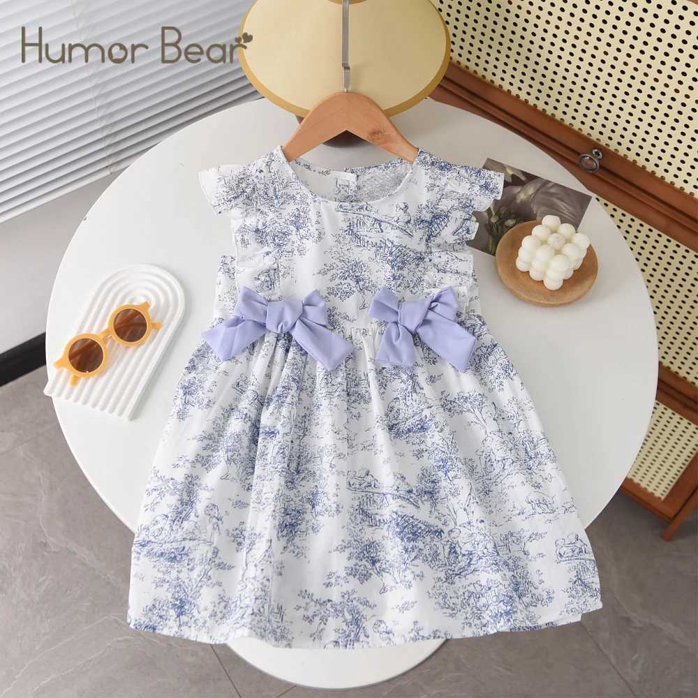 Humor Bear Girls French Style Dress Casual Sweet Bow Flying Sleeve Fashionable Childrens princess dressT260330