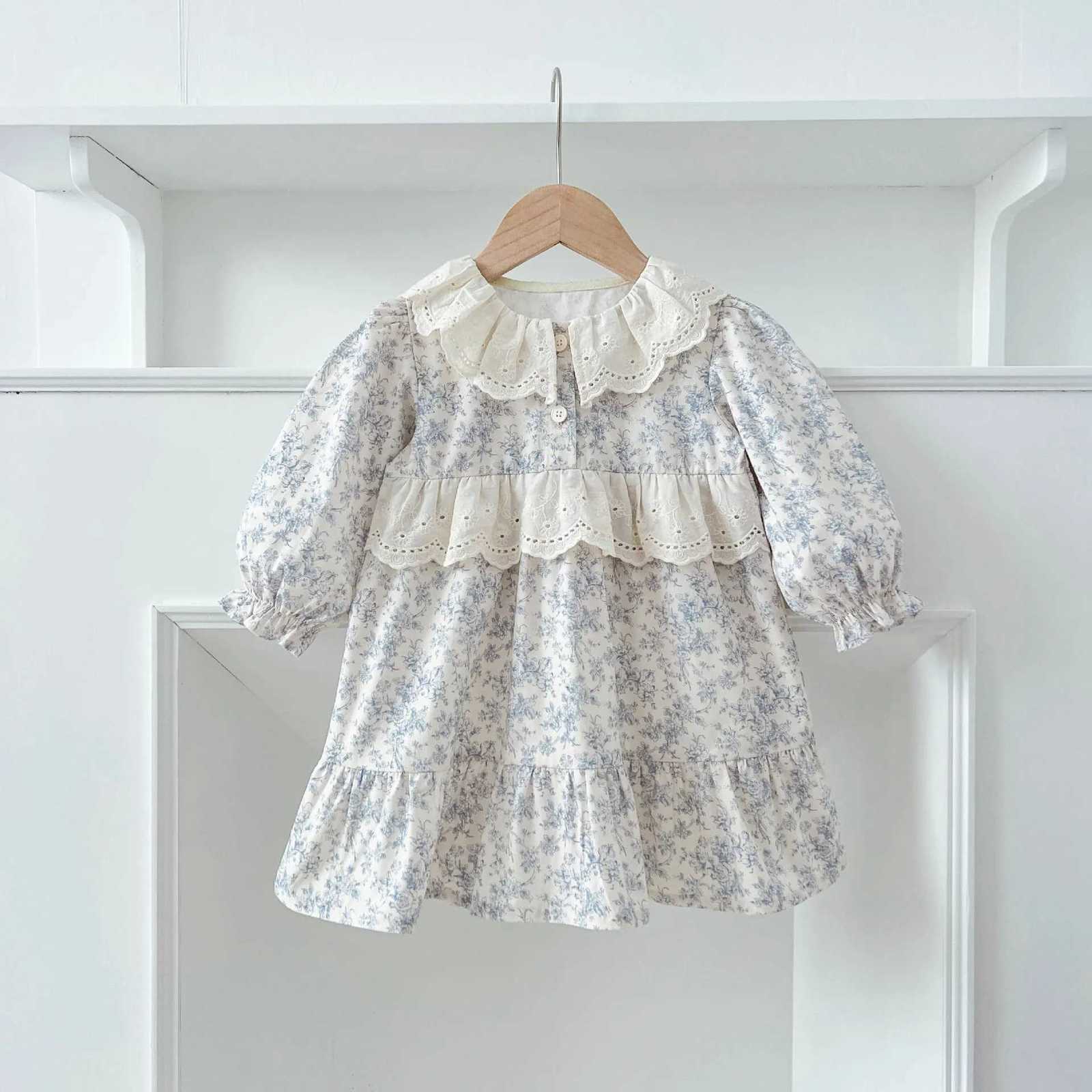 French Spring Children Girl Dress Lace Collar Infant Baby Girls Princess Dress Floral Printed Kids Girls Dress Long Sleeve DressT260330