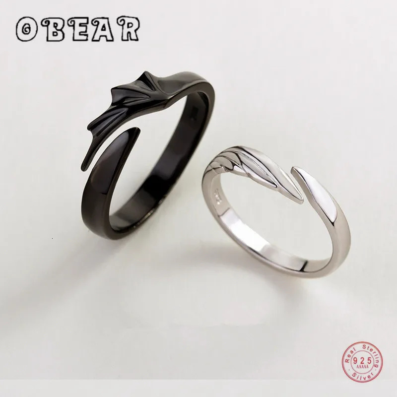 OBEAR 100 925 Sterling Silver Angel And Devil Couple Rings Wing Feather Opening Rings for Women Men Lovers Party Jewelry 260324