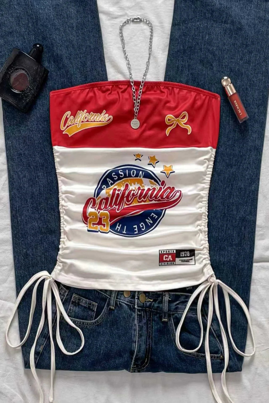 Womens casual retro drawstring front cut vest suitable for Y2K and guitar prints in spring and summer 260327