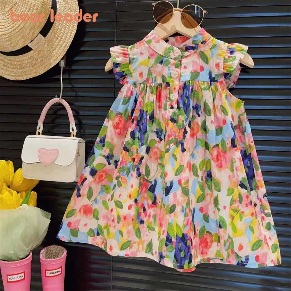 Bear Leader Girls Dress 2023 Summer New Girls Round Neck Flower Print Flying Sleeve Dress Fashion Childrens Print DressT260330
