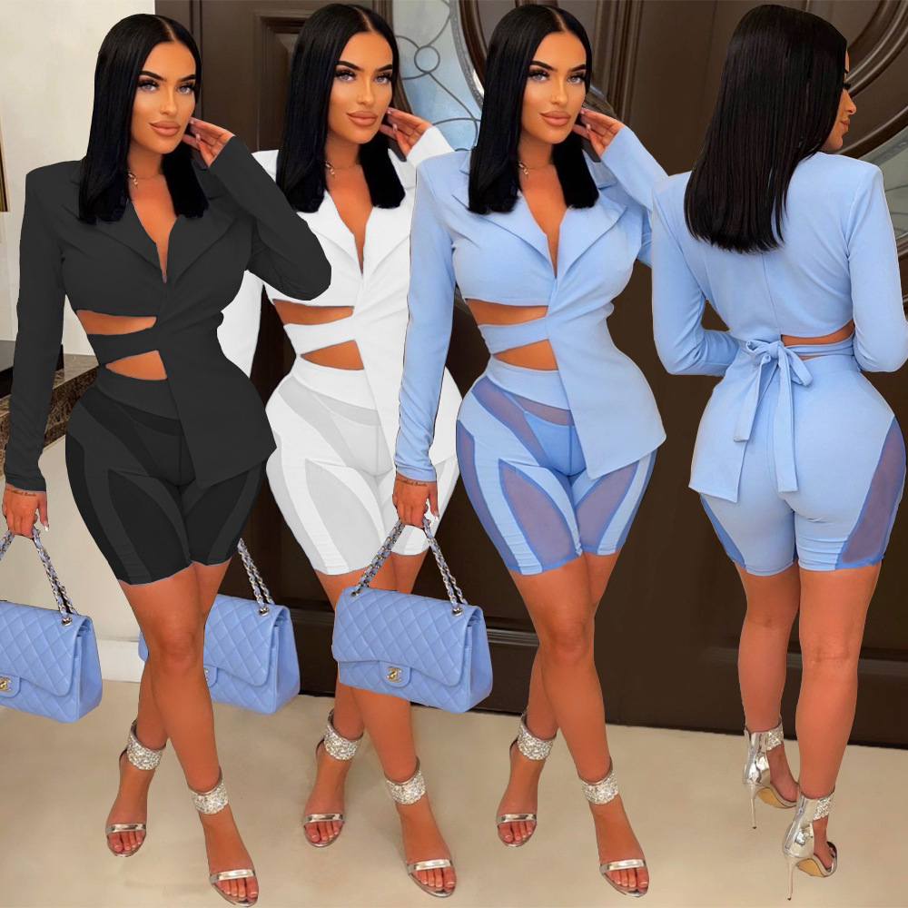 Women's Two Piece Pants Adogirl Women Solid Blazer Suit 2 Sets Notched Long Sleeve Lace Up Bandage Asymmetrical Top Sheer Mesh Patchwork Shorts 230105