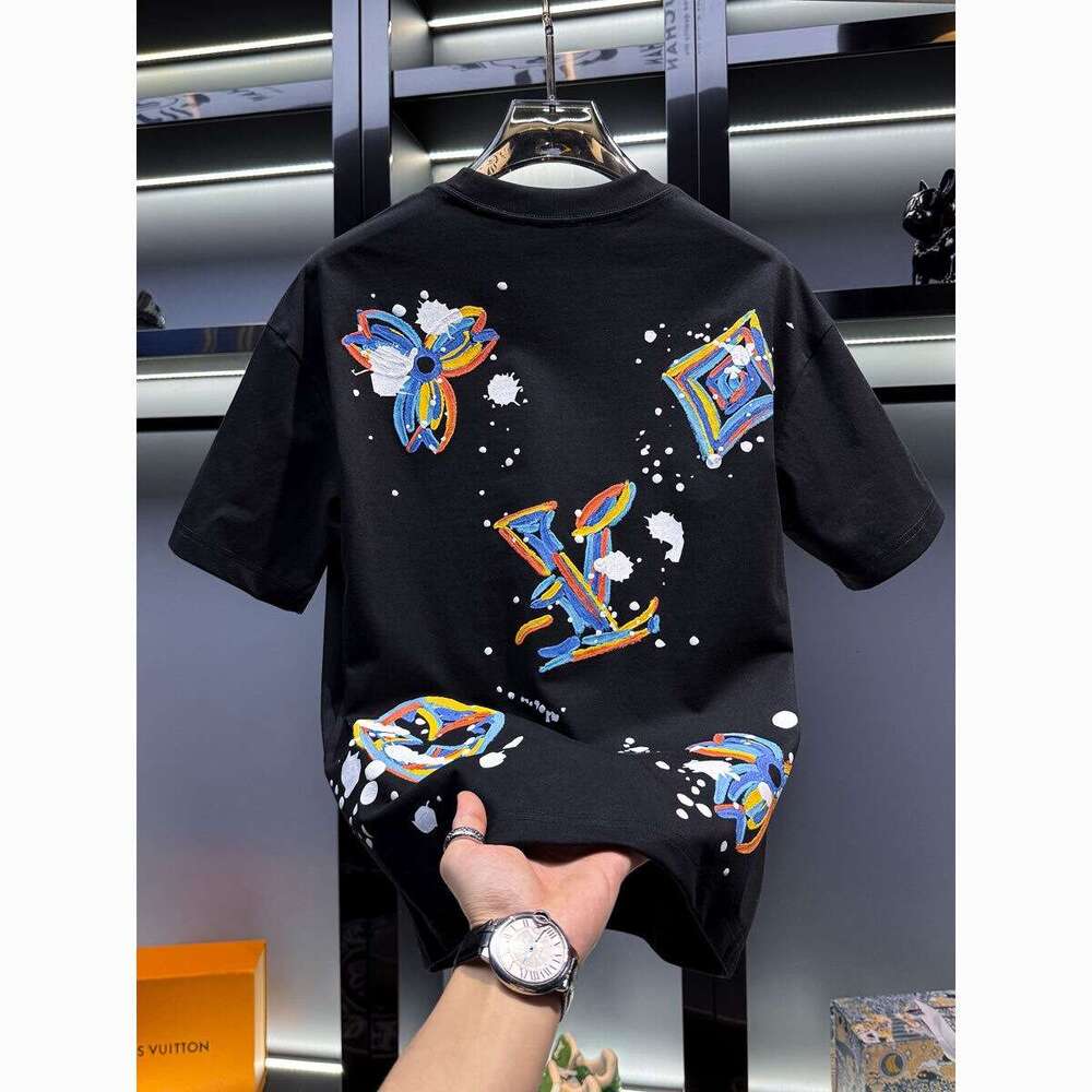 Men's American High-End Hand-Painted Graffiti Print Round Neck Short T-Shirt luxury Summer New Trendy European Style Half Sleeve