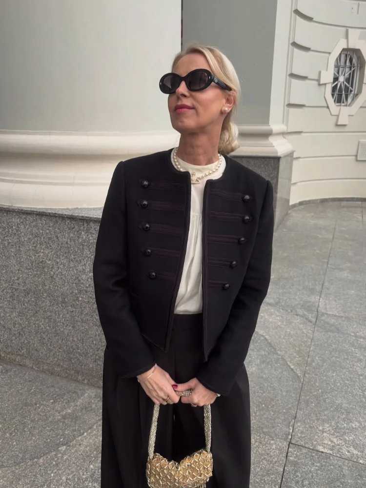 Chic Black Round Neck Napoleon Military Jacket Women Casual Full Sleeve Buttons Cropped Slim Coat 2026 Lady Daily Street JacketsT260328