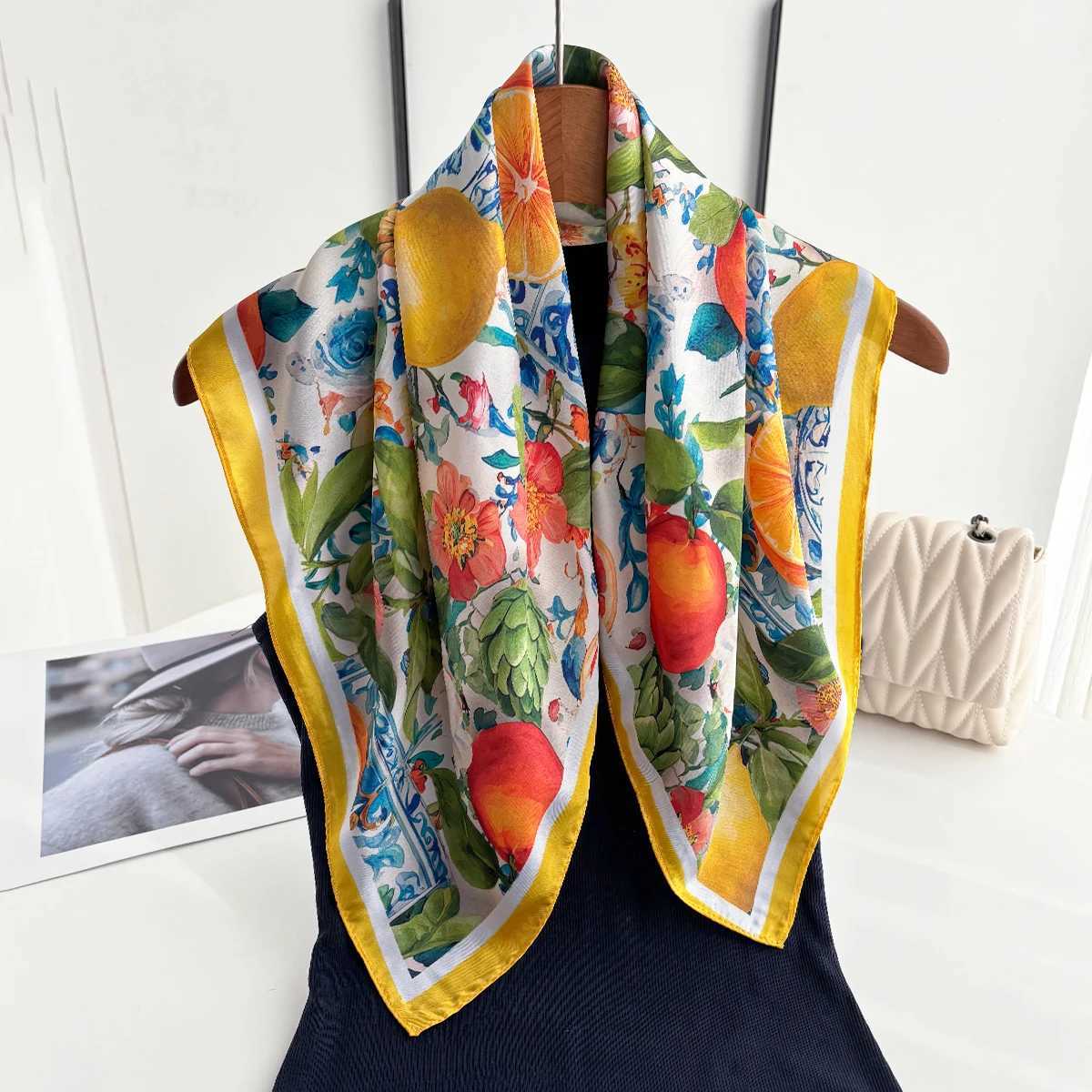 Fruit Printed Square Scarf For Wen Fashion Imitation Silk Banda Hairband Luxury Hijab Neckerchief Elegant Shawl Wraps X260328