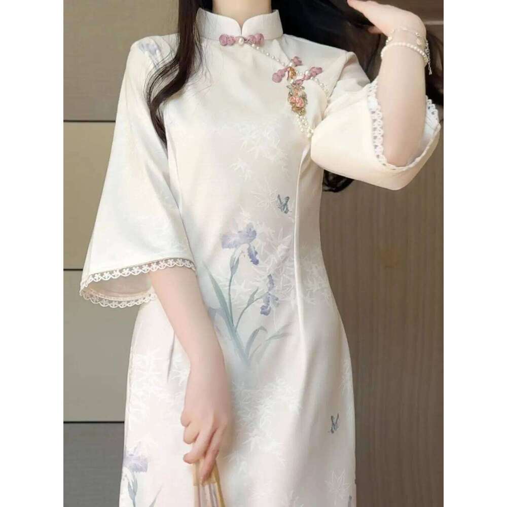 Elegant Improved Cheongsam New Chinese Style Floral Lace Inverted Large Sleeves Young Girl Long Qipao Dress Spring MAKOUFEI