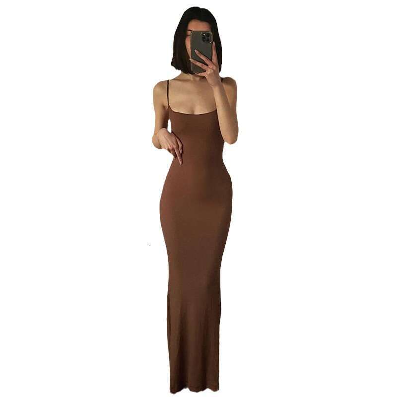 Spaghetti Strap European and American Women's Fashion High-End Pure Desire Style Bodycon Sexy Slim Milk Silk Long Mermaid Dress
