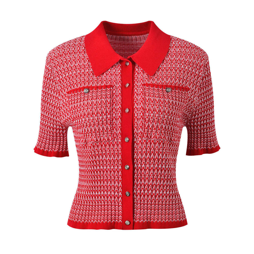 2026 k30 Spring/Summer New Designer Elegant Checkered Short FC Sleeve Flip Collar Single breasted Slim Knitted Cardigan