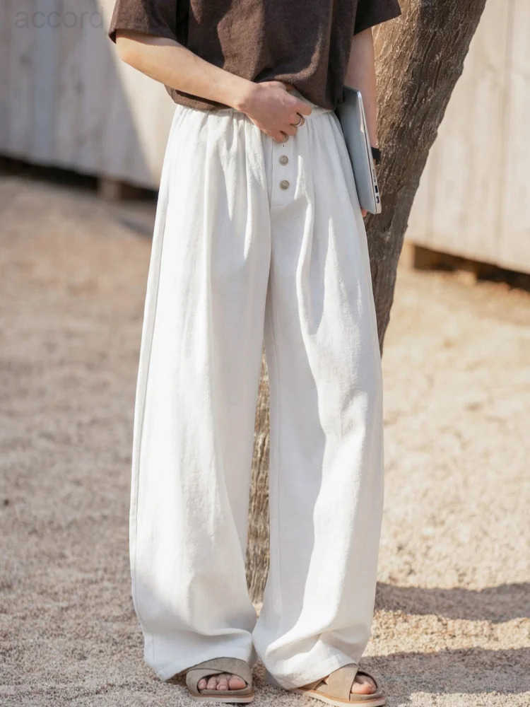 Mens Pleated Linen-Look Casual Trousers Colour-Blocked Buttons Cotton-Linen Texture Loose-Fit Straight-Leg Trousers H260330