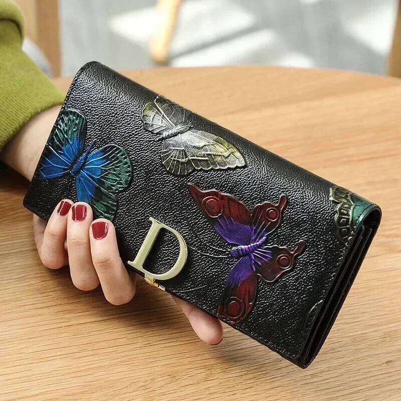 Chinese Embroidery Genuine Leather Female D Embossing Ladies Personality Retro Long Clutch Wallet Women Purse Coin Holders Clutch Bags