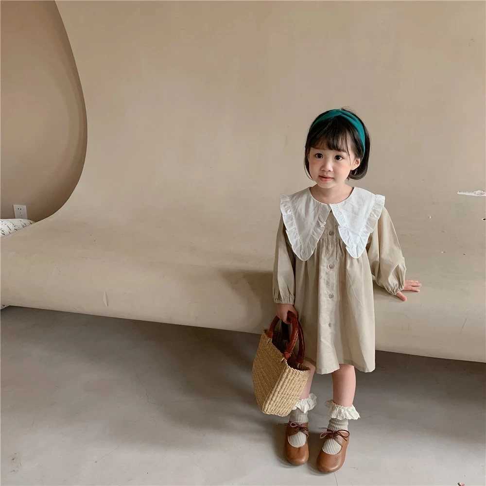 Baby Girls Dress Casual Plaid Clothes Summer New Korean Cotton Linen Girls Princess Dress Big Turn Down Collar DressT260330