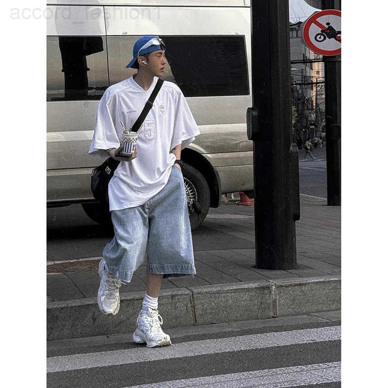 2025 Summer Mens Blue Vintage Y2K 2000s Wide Leg Baggy Casual Denim Shorts Harajuku Aesthetic High Waist Loose Fashion Shorts H260330