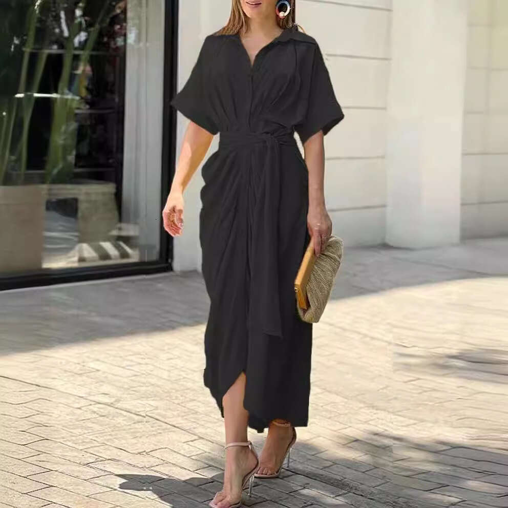 European and American women's fashion cross-border new style 2026 collared mid-length short-sleeve single-breasted high-waisted shirt dress
