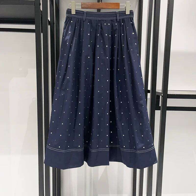 Diamond Decoration Women's Shirt Turn-Down Collar Short Sleeve Blouse Top Or A-Line Mid-Calf Skirt For Ladies Mdng260330