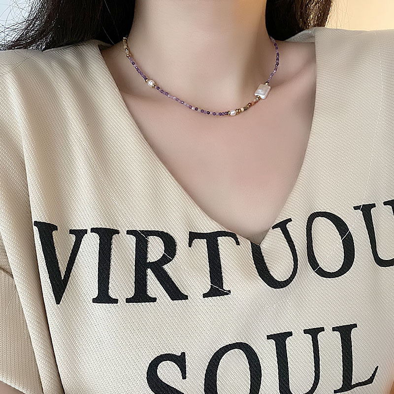 Designer luxury Natural Baroque Beaded Necklace for Women, Unique Ins Style Gold Sun Amethyst, Niche Dopamine Fashion Collarbone Chain