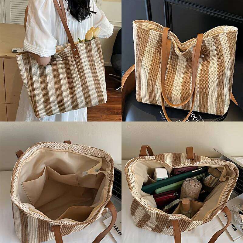 New Women S Fashion Classic Striped Pattern Retro Single Shoulder Bag Large Capacity And Versatile Straw Woven Multi Compartmen XIU LAI SI