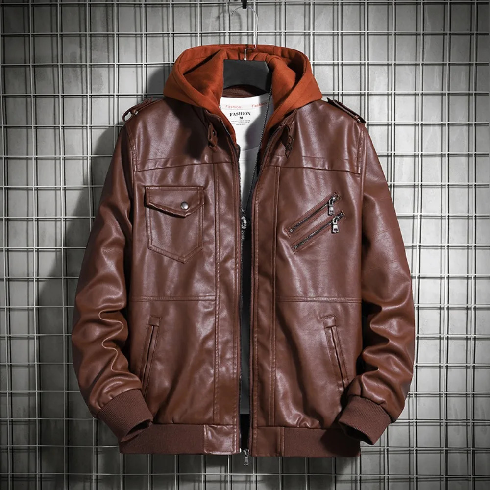 Hooded Leather Jacket Mens Jacket Winter PU Leather Coat Teenage Jackets Mens Motorcycle Leather Coat Harajuku 260327