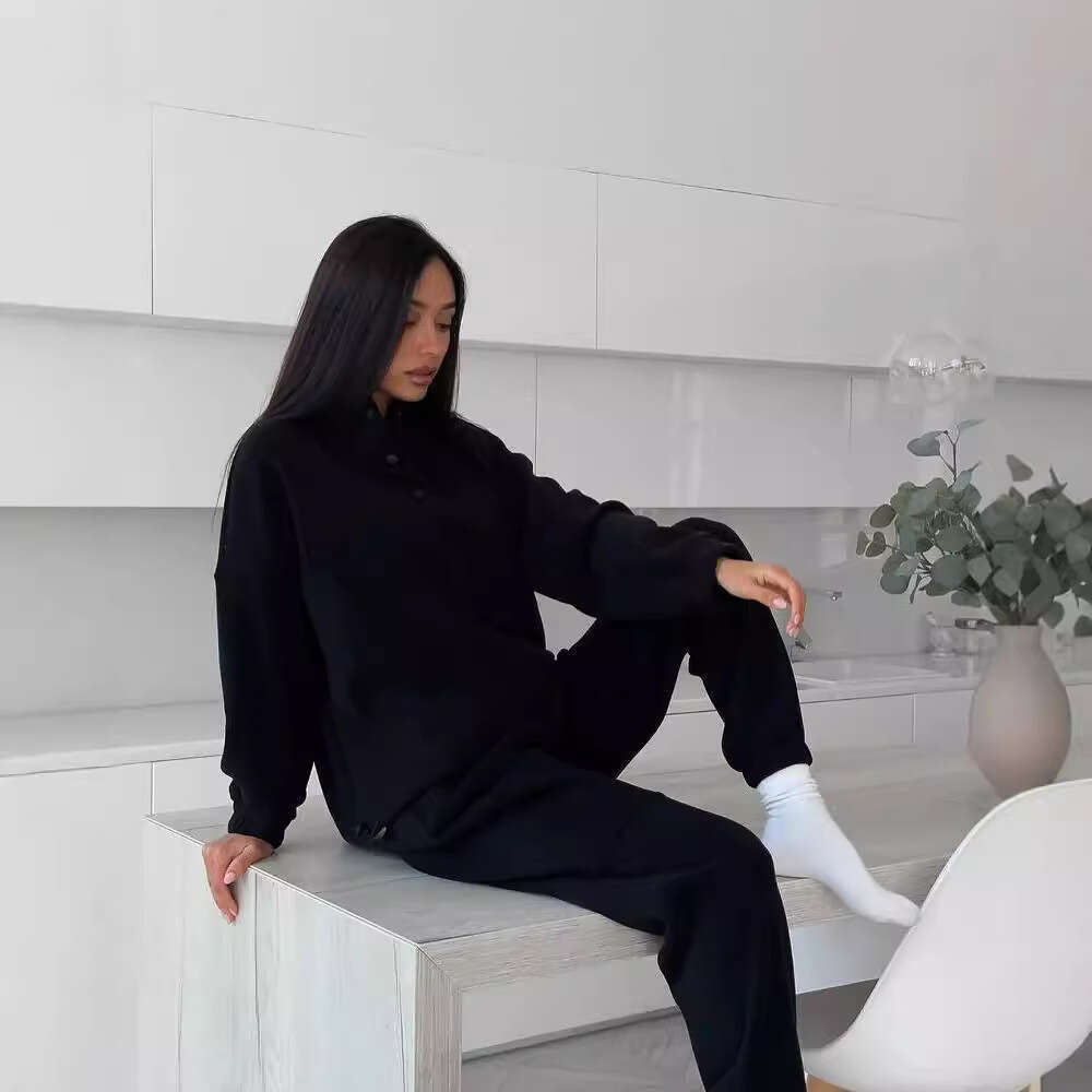 2026 European American cross-border new casual sweatshirt for women, solid color fleece top and long pants two-piece set