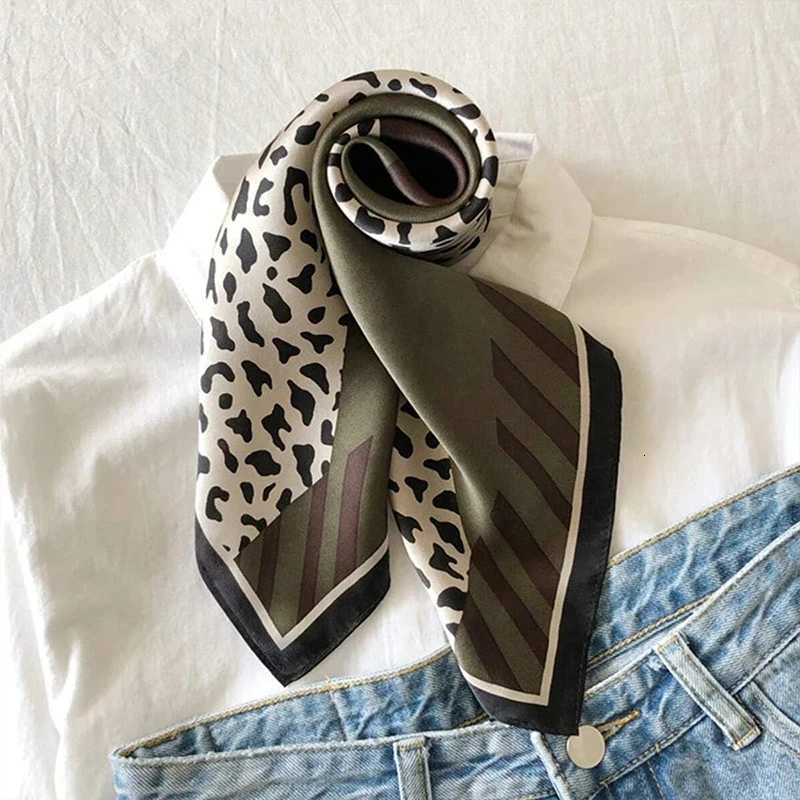7070cm Leopard Green Brown Silk Scarf Women Simulated Silk Fresh and Elegant Versatile Headwear Clothing Bags and Square Scarf Z260330