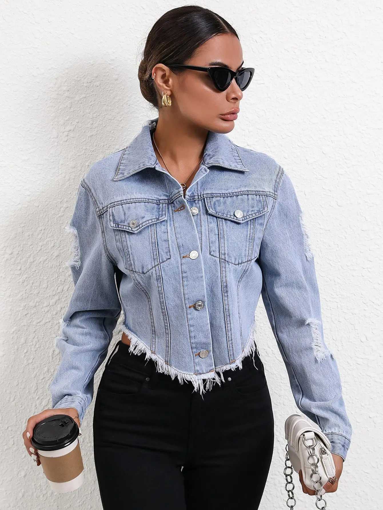 Ripped Distressed Women Denim Jackets Single Breasted Cardigan Coat Turn Down Collar Solid Streetwear Pockets Washed ButtonT260328