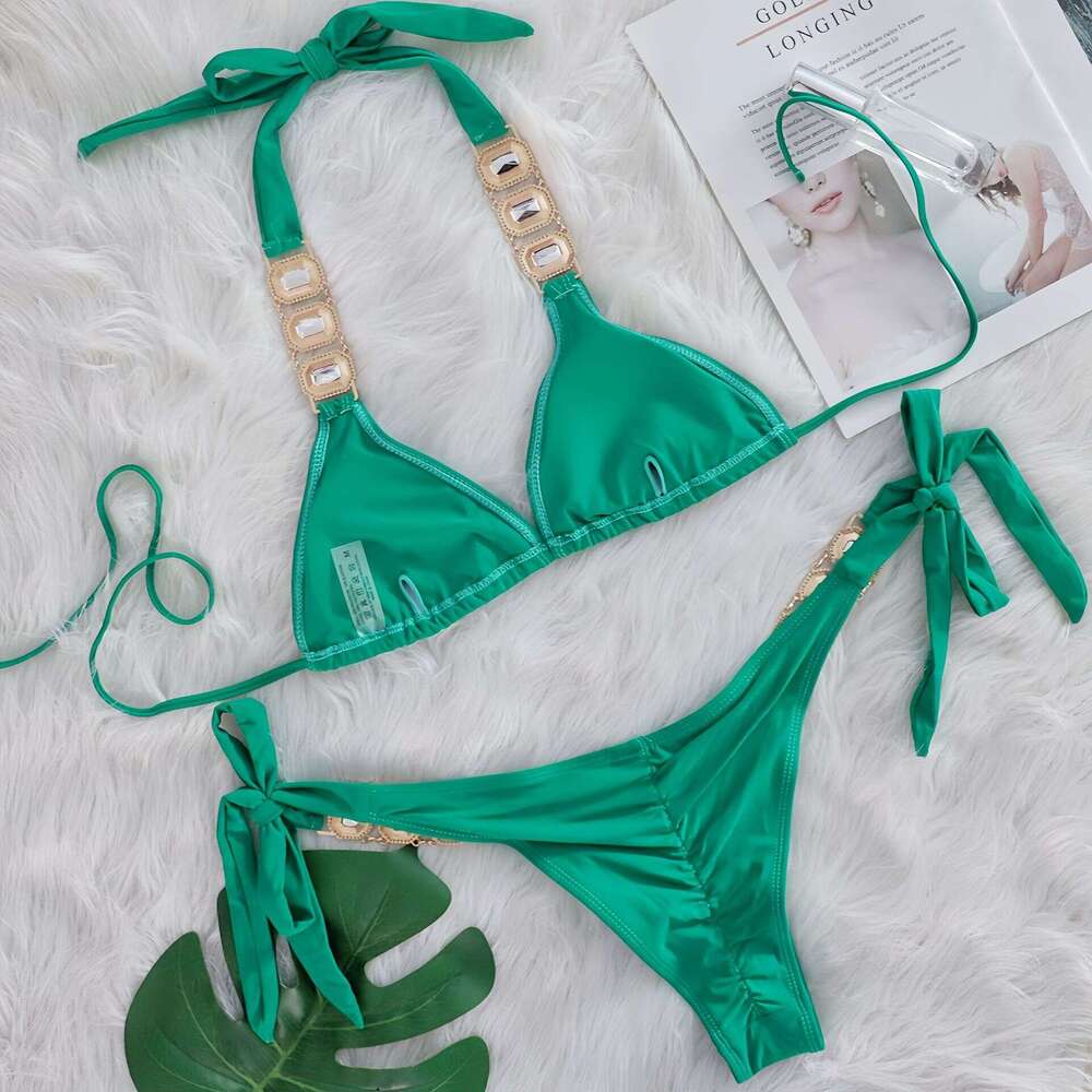 Women's Designer Swimsuit Suit Halter Neck Swimsuit Two Piece Set with Rhinestones Sexy Suit Seaside Beach Bikini Suit Women's Swimming and 