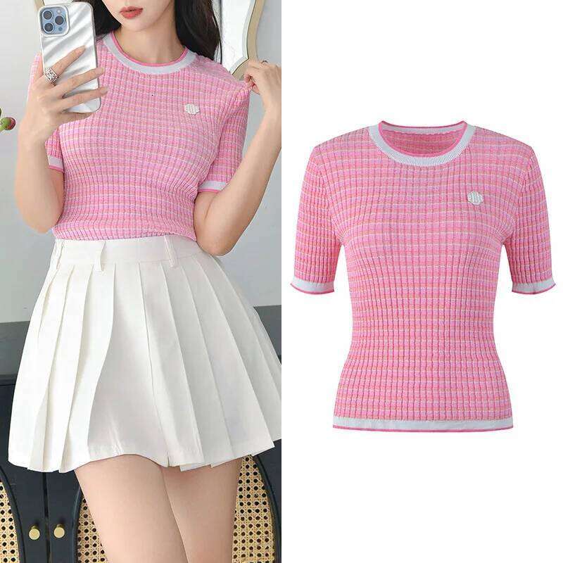 Pink Plaid Women's O-Neck Slim Logo Embroidery Thin Knit Tops Summer New Mdng260330
