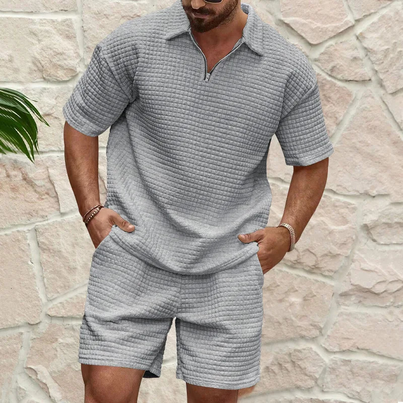 Olive Green Waffle Texture Mens Sets Half-Zip Polo Short Sleeve Shorts 2-Piece Suit Loose Casual Outfit 260324