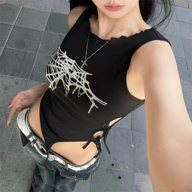 Summer Spider Web Print Tank Tops Aesthetic Hollow Out Bandage Punk Vest Irregular Women Causal Basic Y2k Streetwear Crop Top 260327